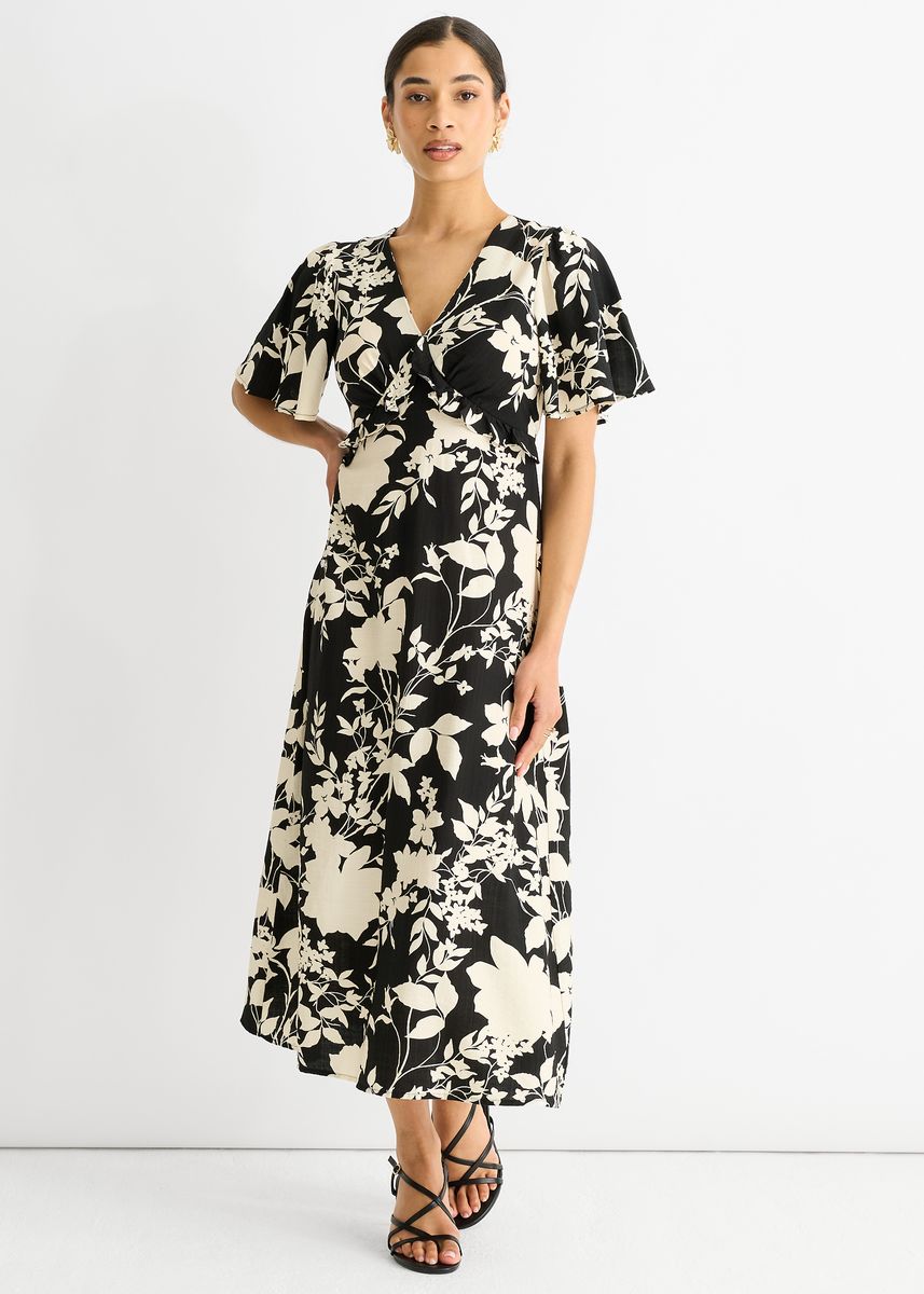 Florales Midikleid mit Rüschen-V-Ausschnitt