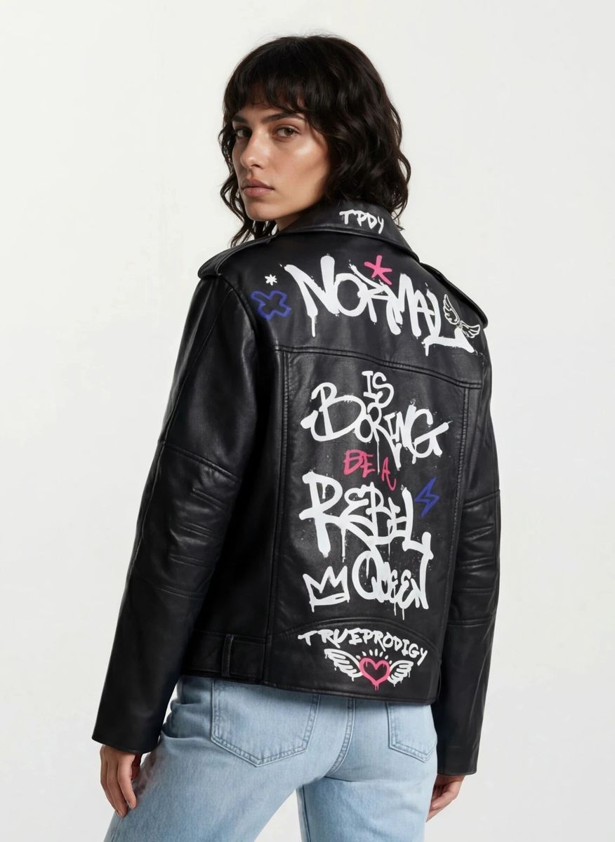 Biker-Lederjacke mit Graffiti-Print