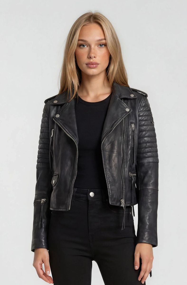 Gesteppte Leder-Bikerjacke im Distressed-Look