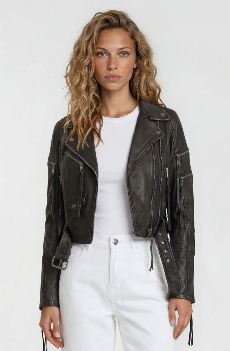 Kurze Bikerjacke mit Fransen-Zippern