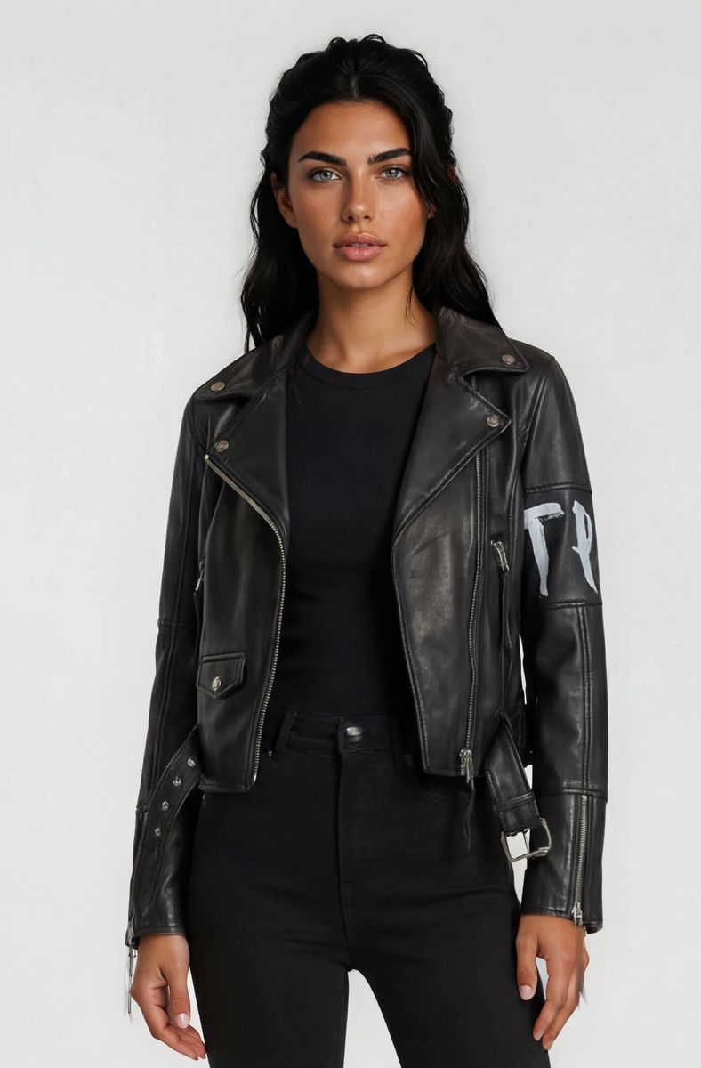 Biker-Lederjacke mit Grafik-Print