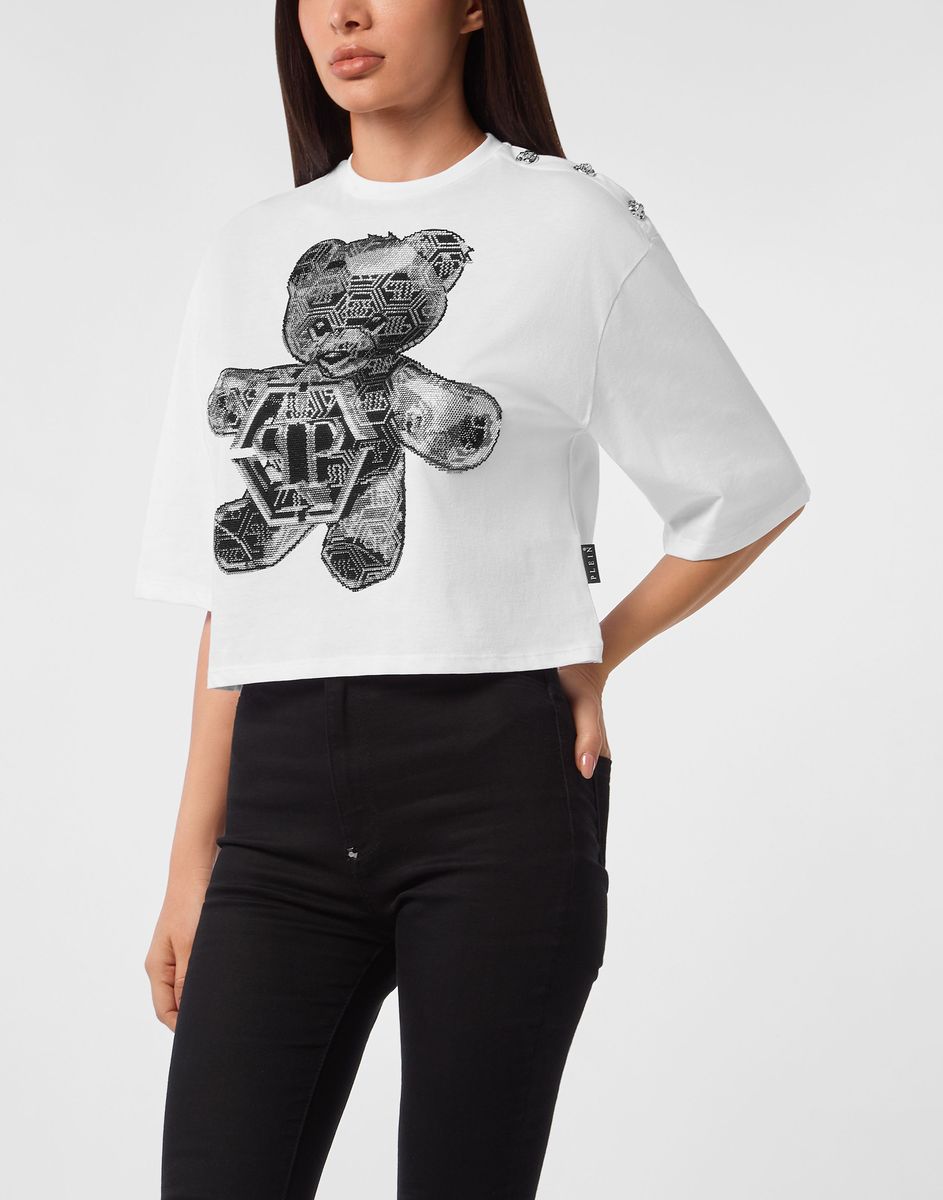 Kristall-Besetztes Teddy-Grafik-Shirt im Crop-Schnitt