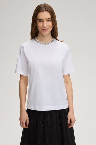 Baumwoll-T-Shirt mit Strass-Ausschnitt