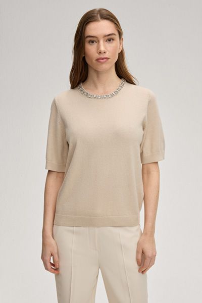 Kurzarmpullover mit Kaschmir und Kristallbesatz