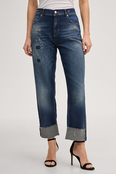 Distressed Straight-Jeans mit breitem Umschlag