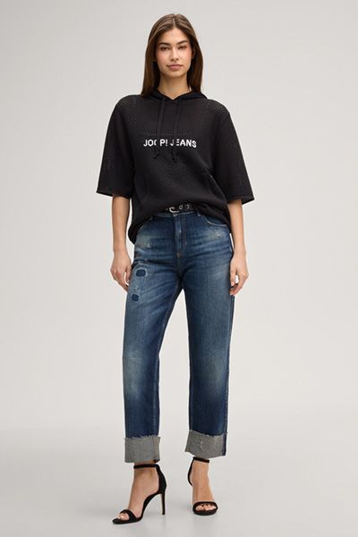 Distressed Straight-Jeans mit breitem Umschlag