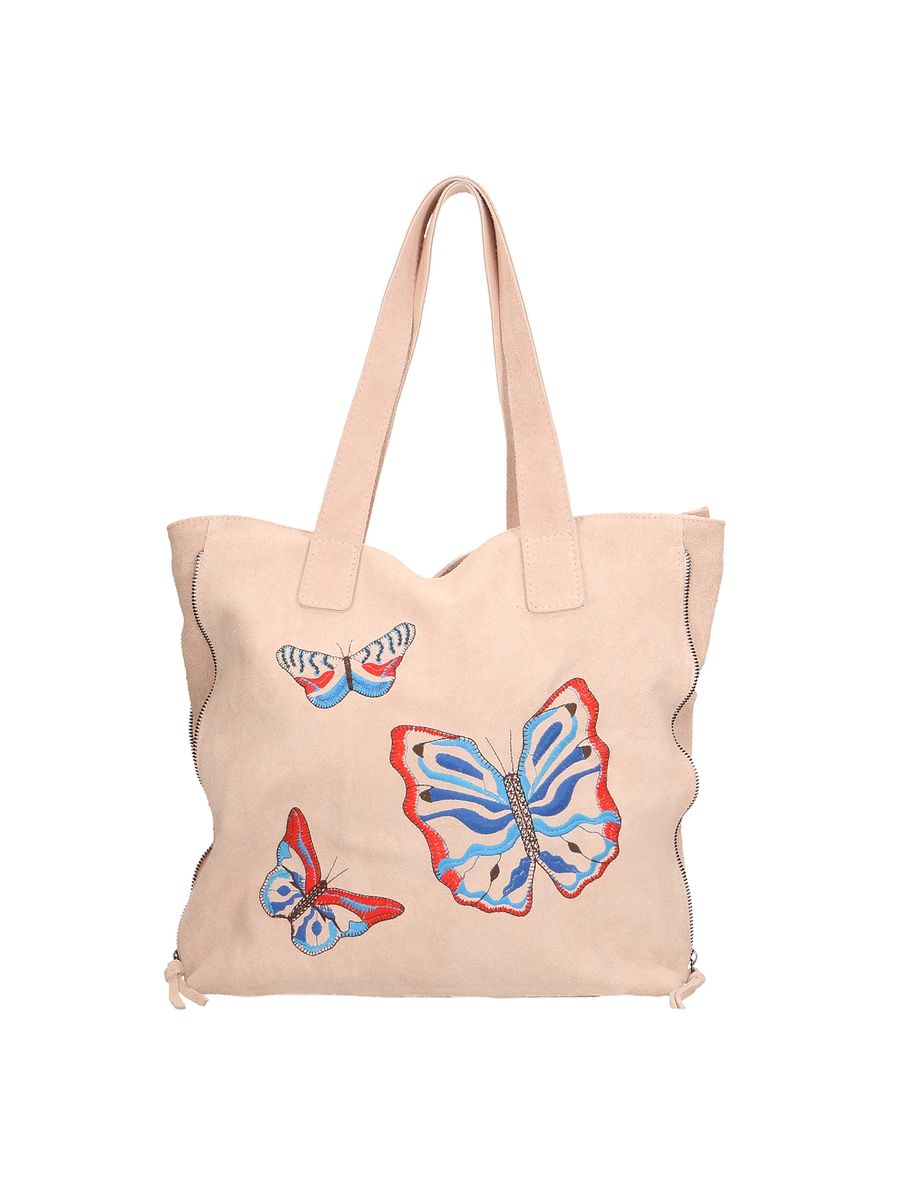 Suede-Schultertasche mit Schmetterlings-Stickerei