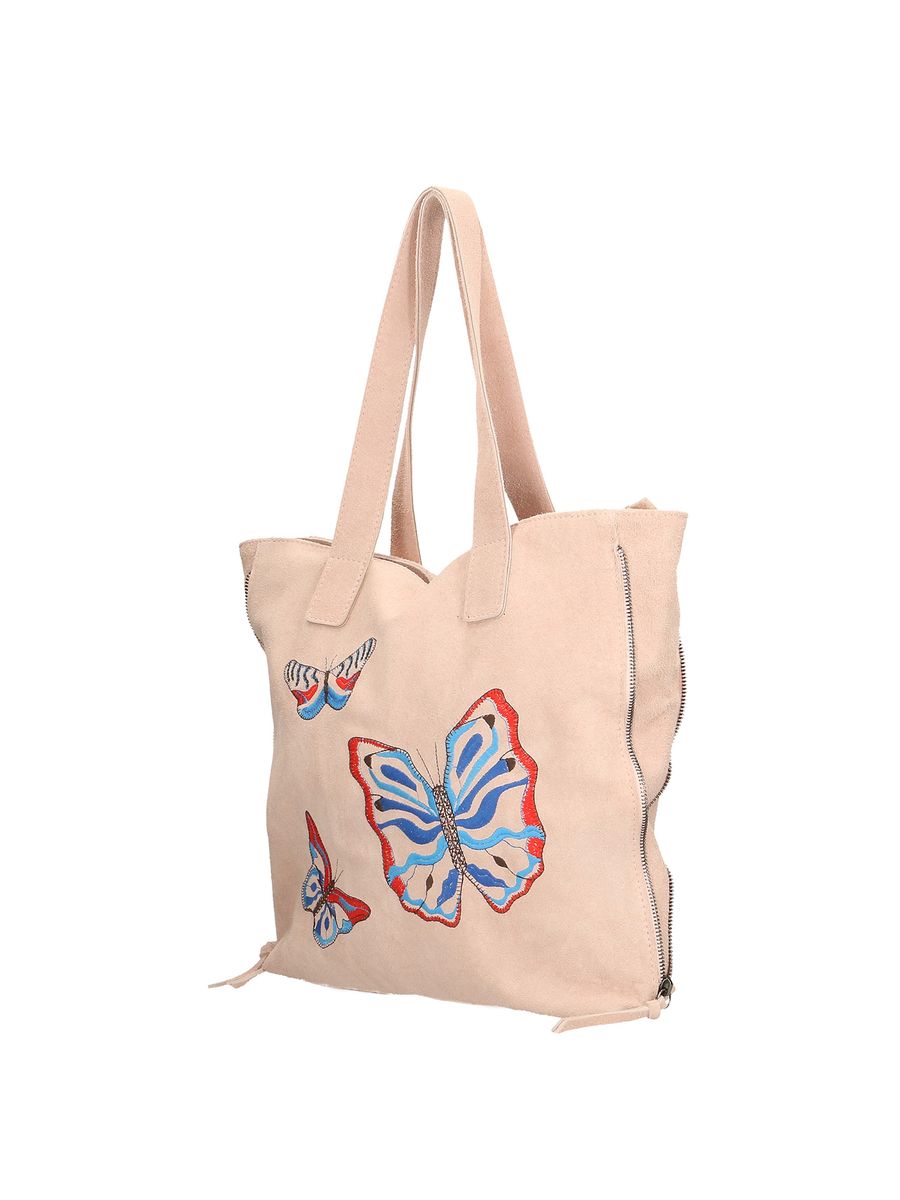 Suede-Schultertasche mit Schmetterlings-Stickerei