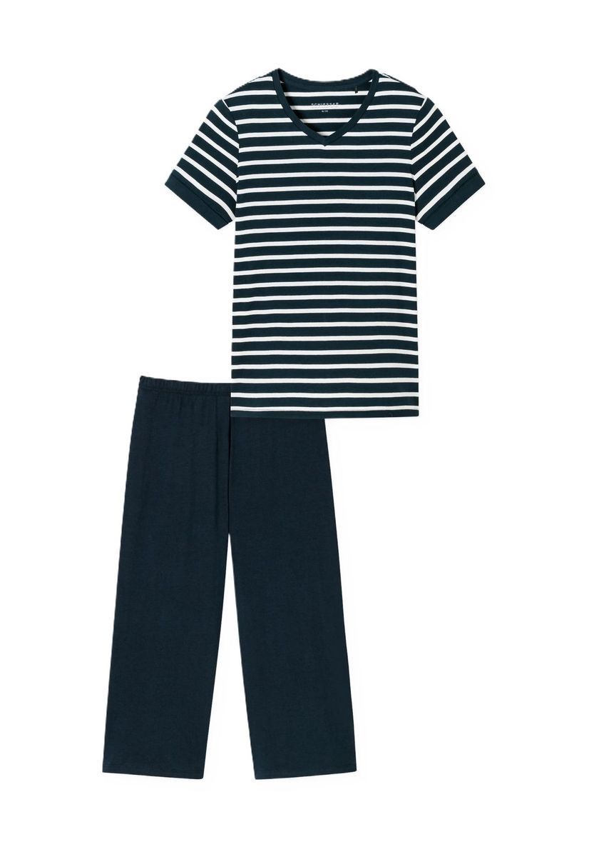Gestreiftes Capri-Pyjama-Set mit V-Ausschnitt