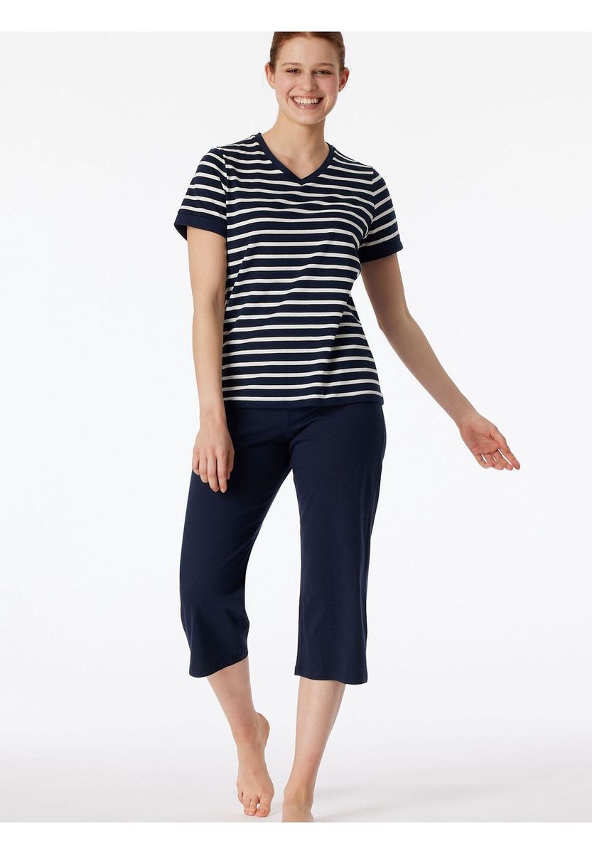 Gestreiftes Capri-Pyjama-Set mit V-Ausschnitt