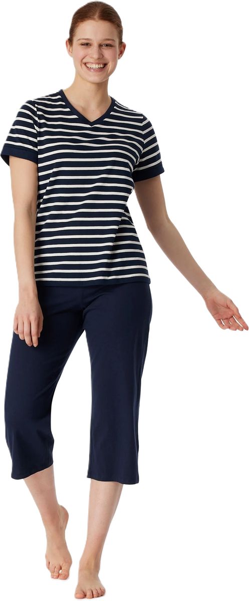 Gestreiftes Capri-Pyjama-Set mit V-Ausschnitt