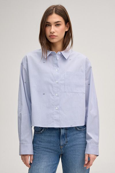 Gestreifte Cropped-Hemdbluse aus Baumwolle