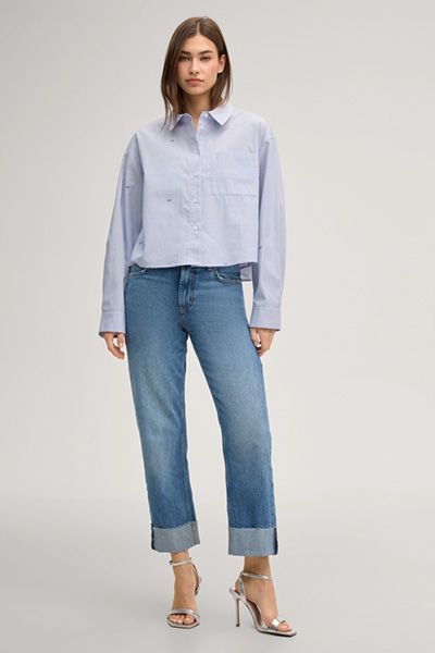 Gestreifte Cropped-Hemdbluse aus Baumwolle