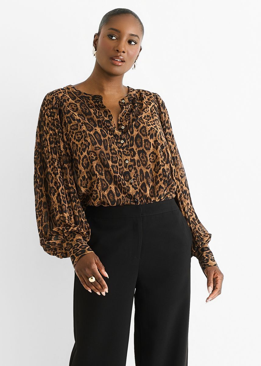 Plissierte Chiffon-Bluse mit Leopardenmuster