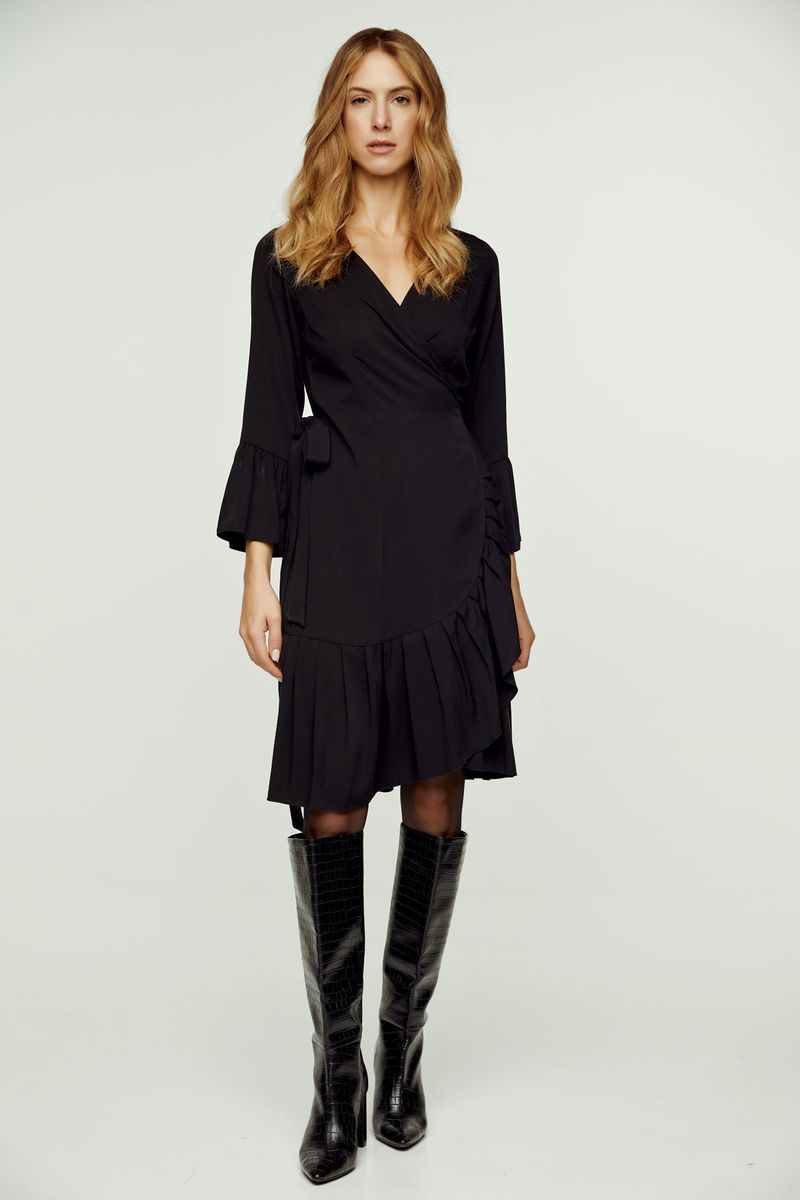 Wickel-Midikleid mit Rüschen und Glockenärmeln
