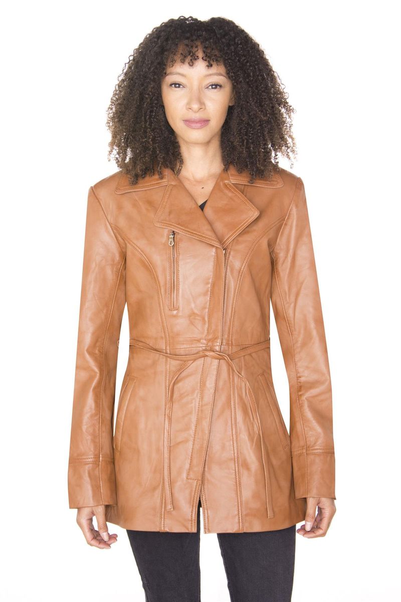 Lange Lederjacke mit Bindegürtel