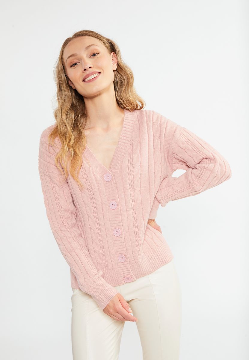 Eleganter Zopfstrick-Cardigan mit V-Ausschnitt