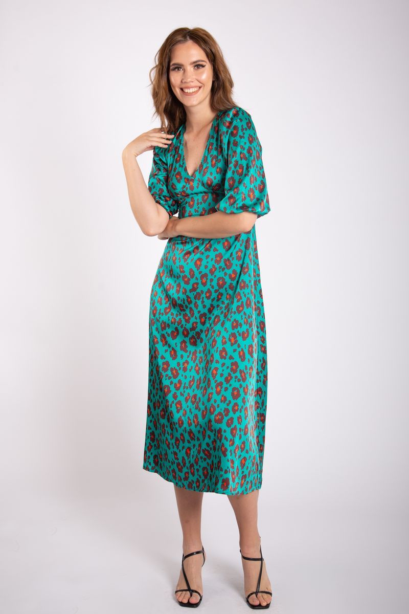 Midi-Kleid mit Leopardenmuster und V-Ausschnitt