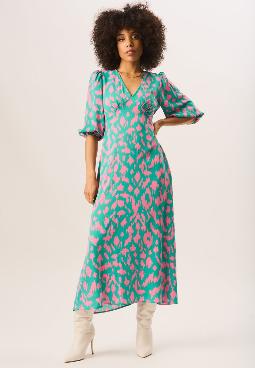 Midi-Kleid mit Leopardenmuster und V-Ausschnitt