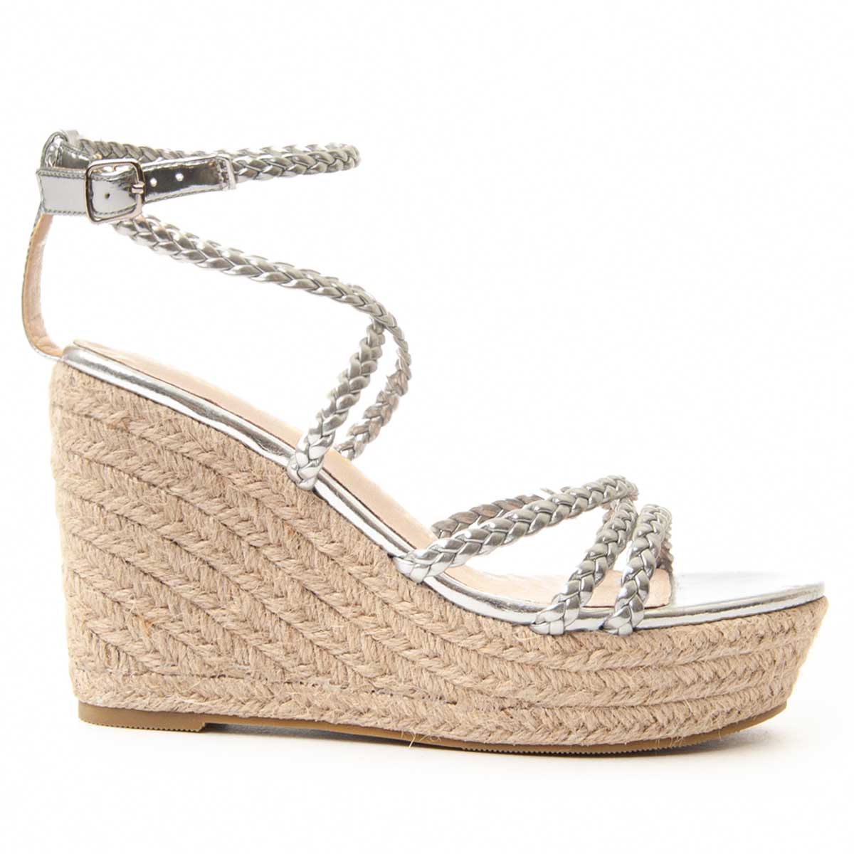 Espadrille-Keilsandaletten mit geflochtenen Metallic-Riemen
