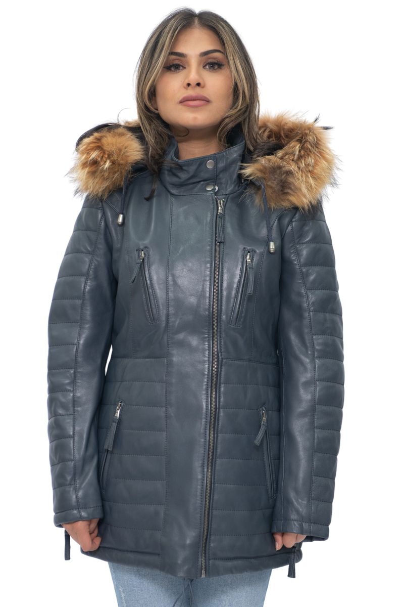 Gesteppter Nappa-Lederparka mit Fellbesatz