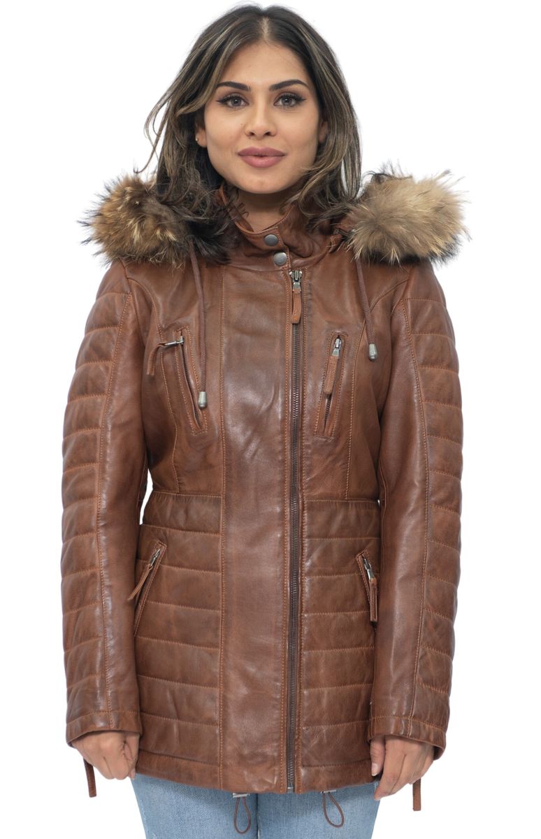 Gesteppter Nappa-Lederparka mit Fellbesatz