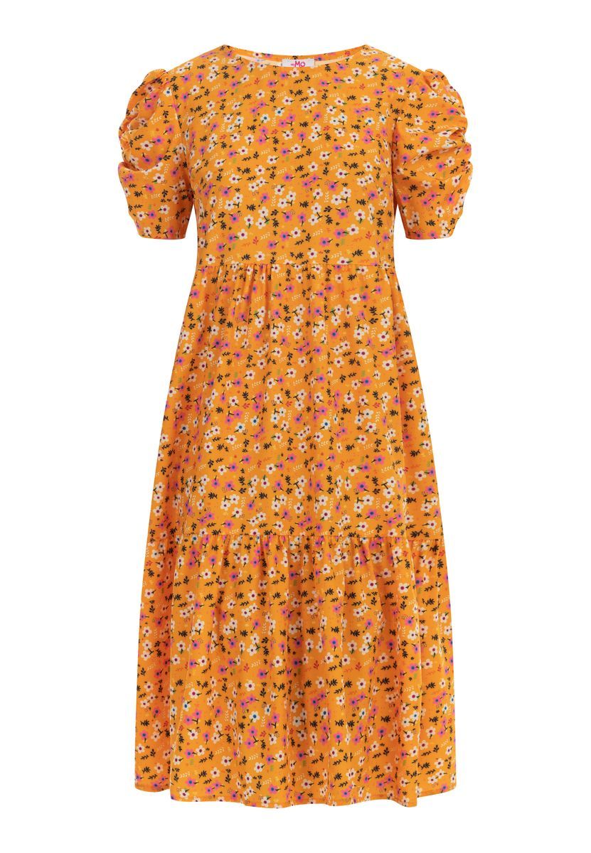 Florales Stufen-Midikleid mit Puffärmeln