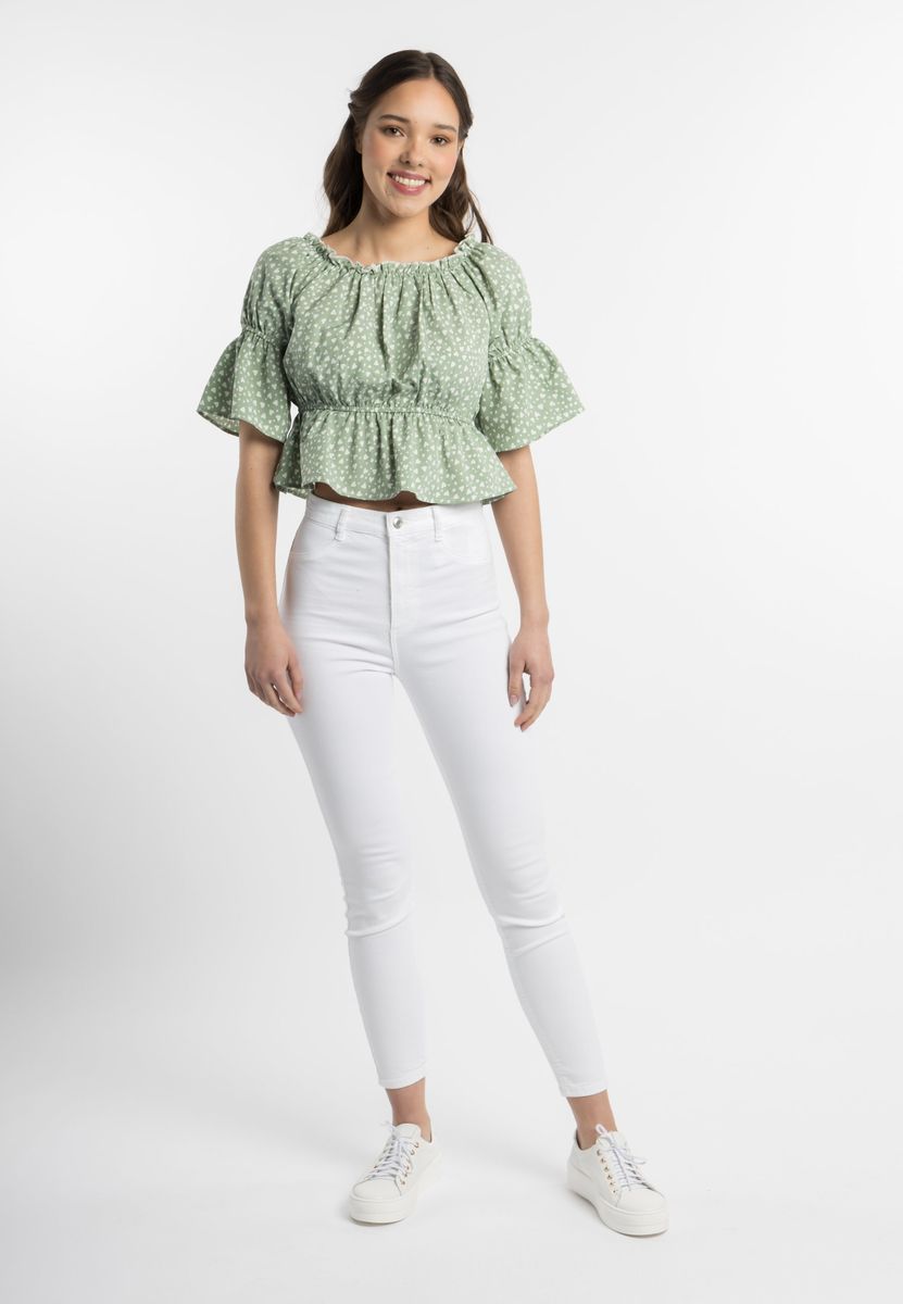 Kurze Carmenbluse mit Herzprint