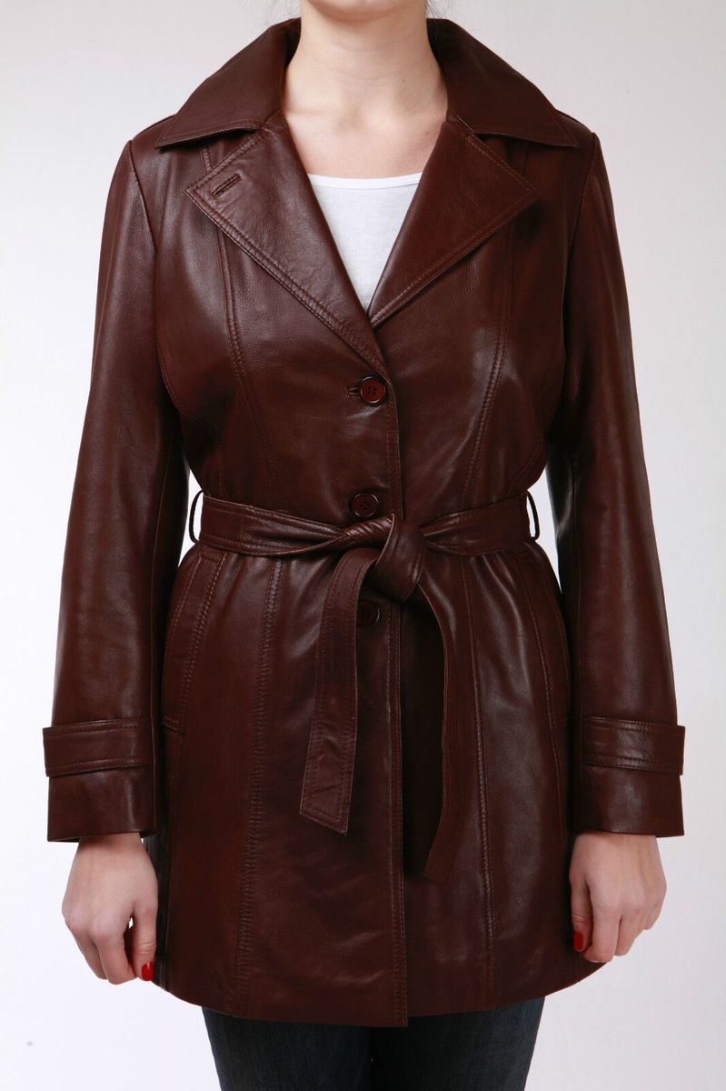 Klassischer Leder-Trenchcoat mit Gürtel