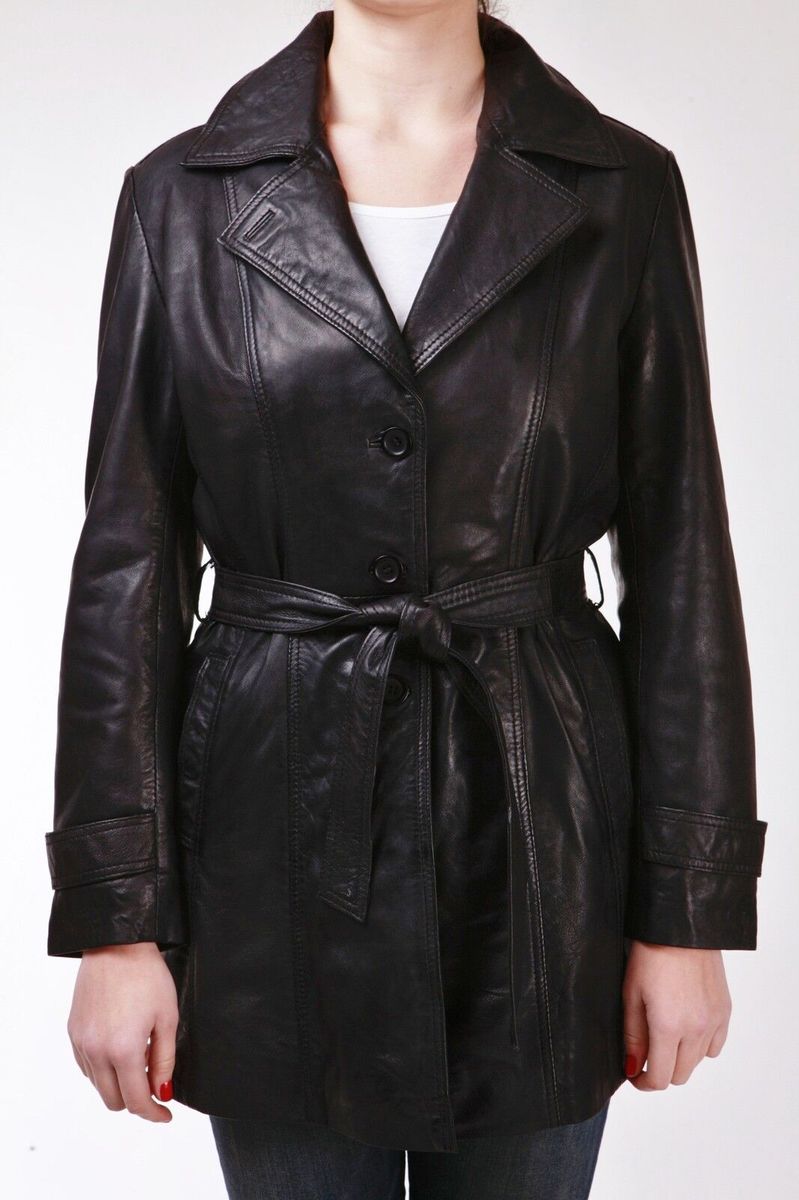 Klassischer Leder-Trenchcoat mit Gürtel