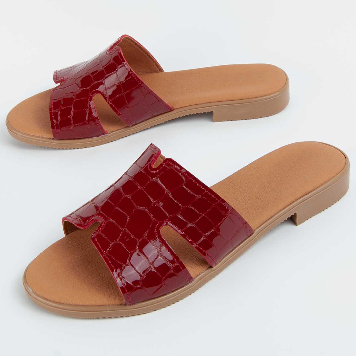 Leder-Pantoletten mit Kroko-Prägung