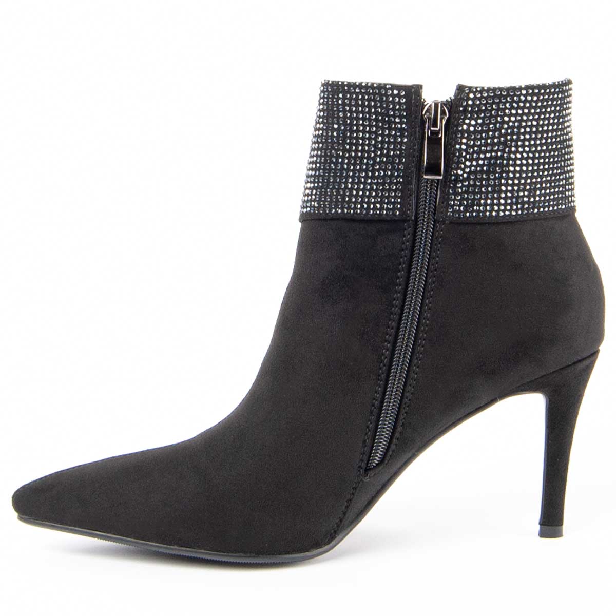 Stiefeletten mit Strasskragen und spitzer Kappe