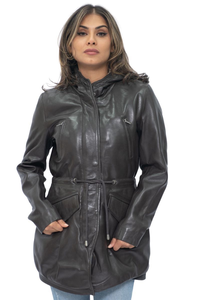 Leder-Parkajacke mit Kapuze