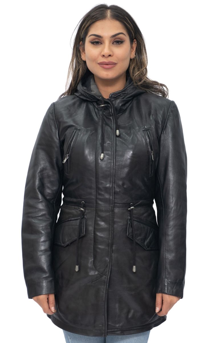 Leder-Parkajacke mit Kapuze