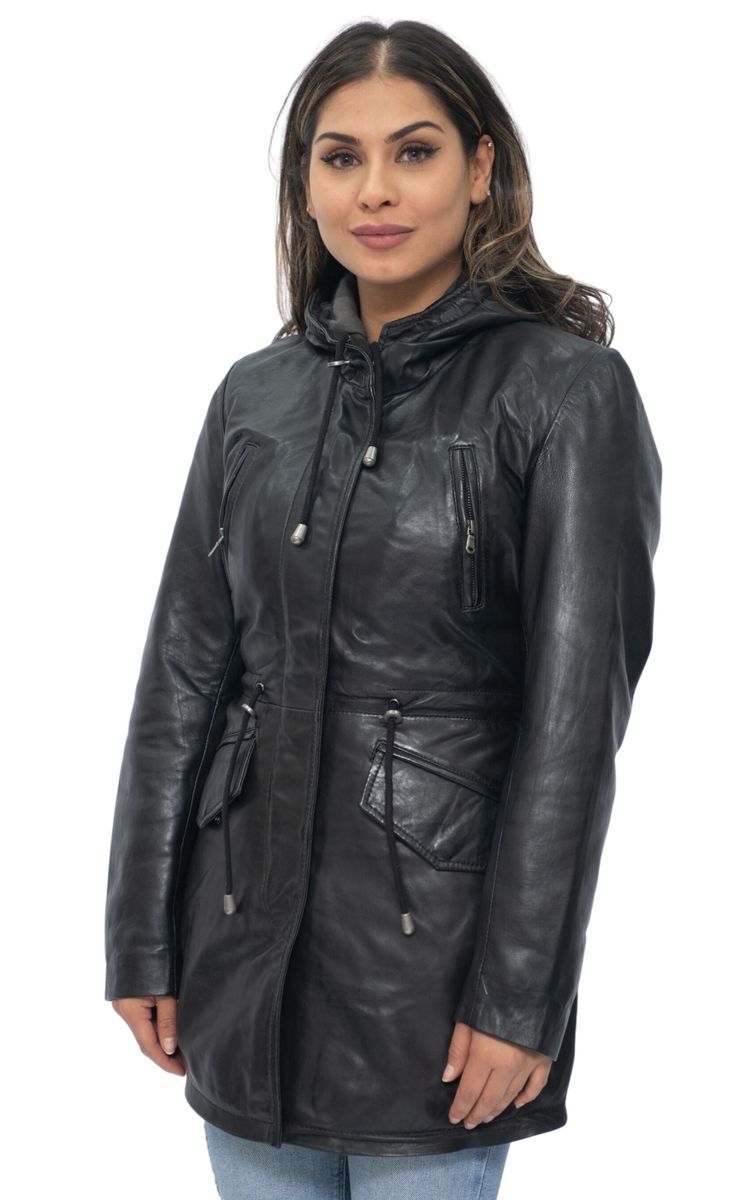 Leder-Parkajacke mit Kapuze