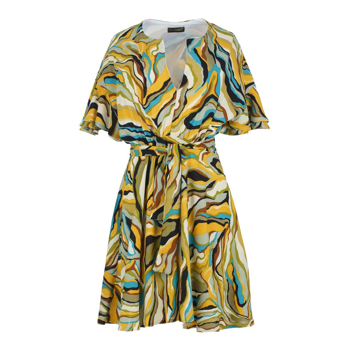 Abstraktes Kleid mit Wirbelmuster und Rüschen