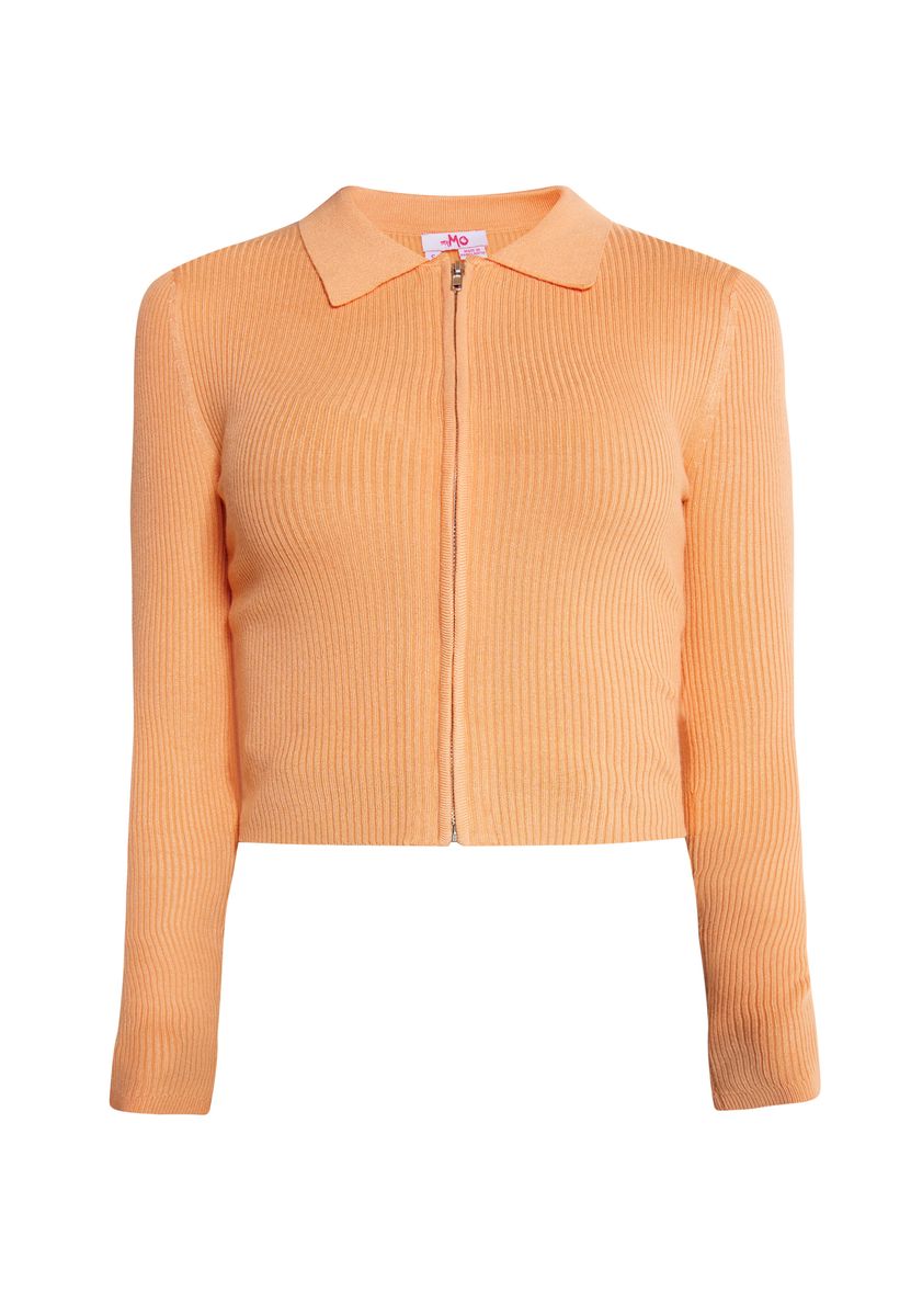 Gerippter Zip-Cardigan mit Kragen