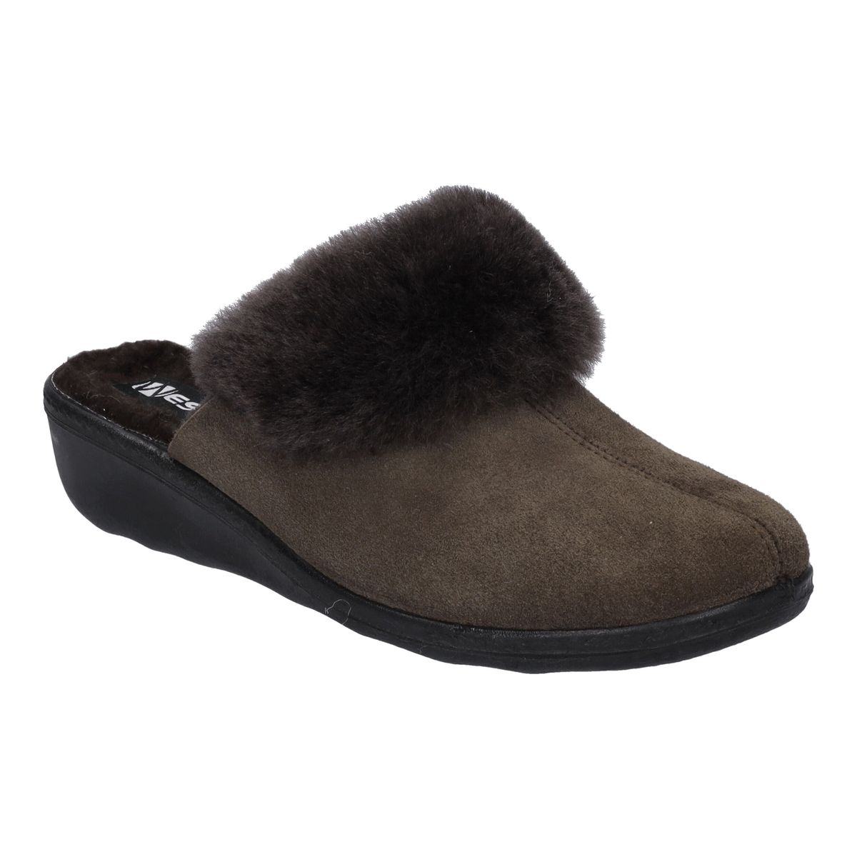 Gemütliche Veloursleder-Mules mit Pelzbesatz