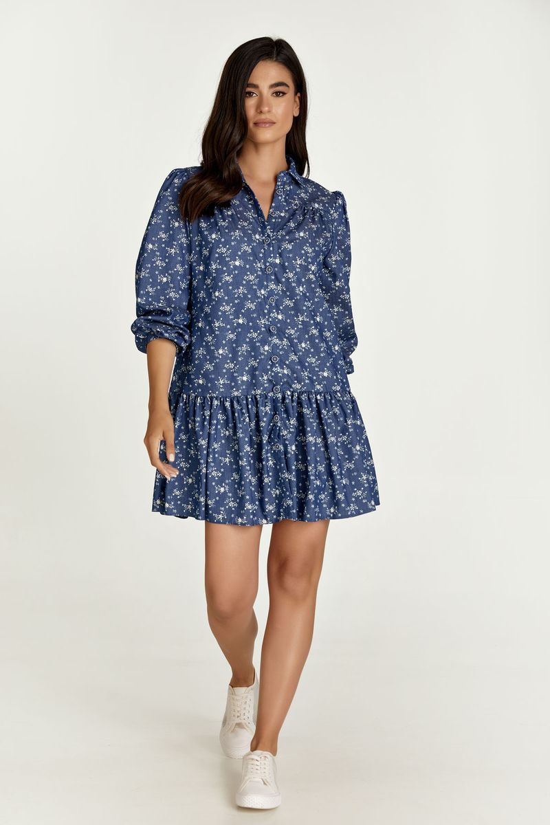 Geblümtes Stufen-Hemdkleid in Indigo