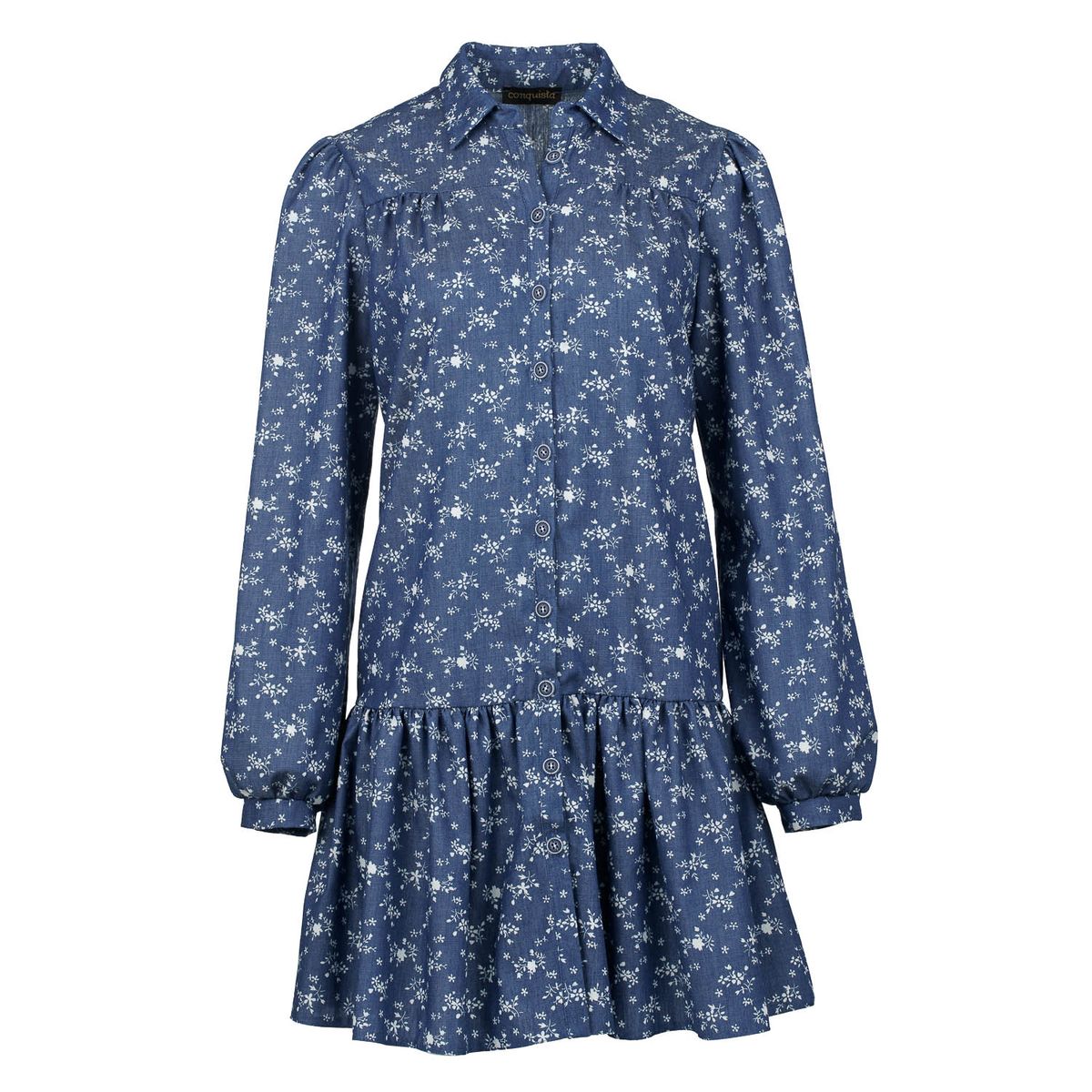Geblümtes Stufen-Hemdkleid in Indigo