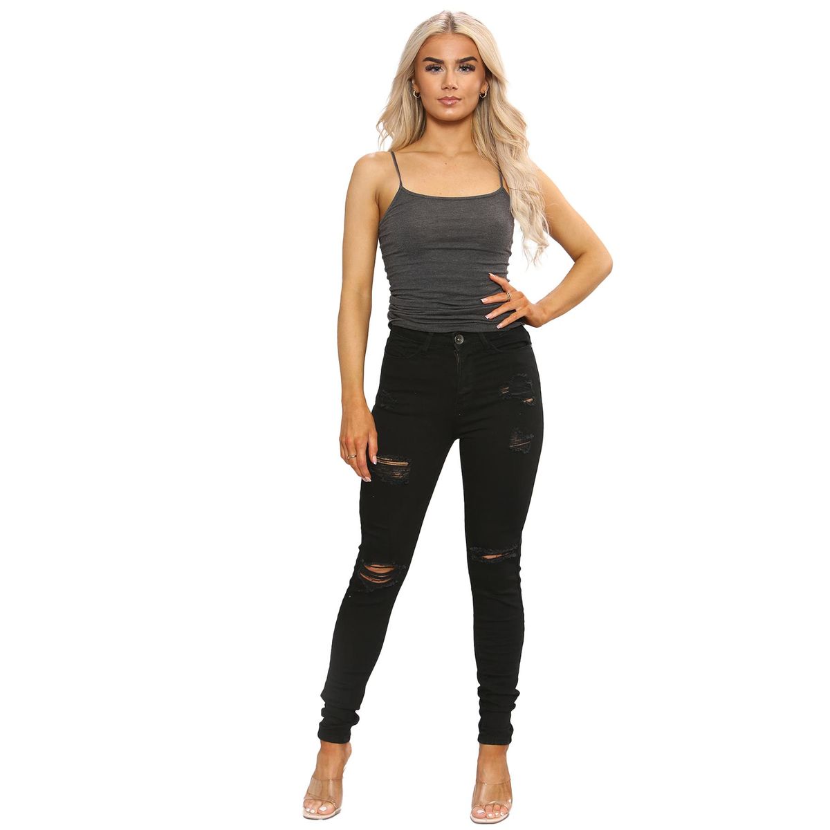 Distressed Skinny-Jeans mit hohem Bund