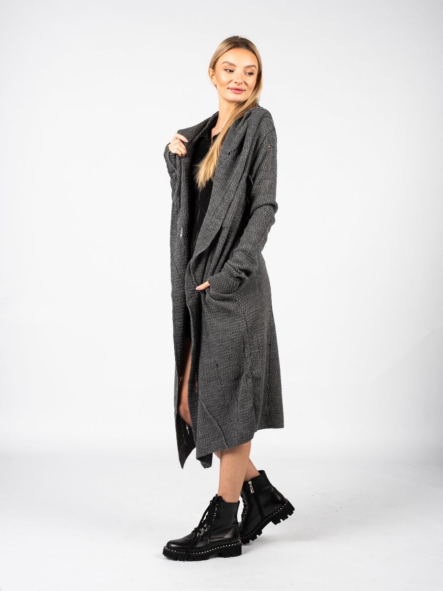 Lange strukturierte Kapuzenstrickjacke