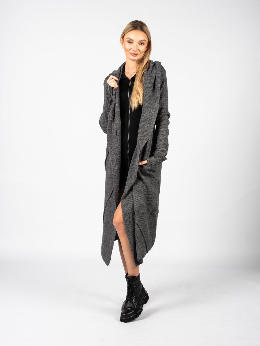 Lange strukturierte Kapuzenstrickjacke