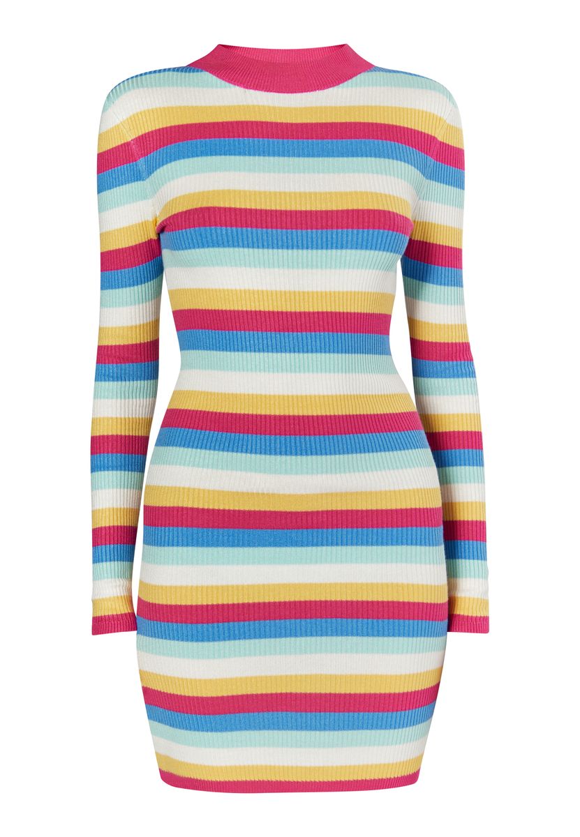 Buntes Gestreiftes Rippstrick-Minikleid
