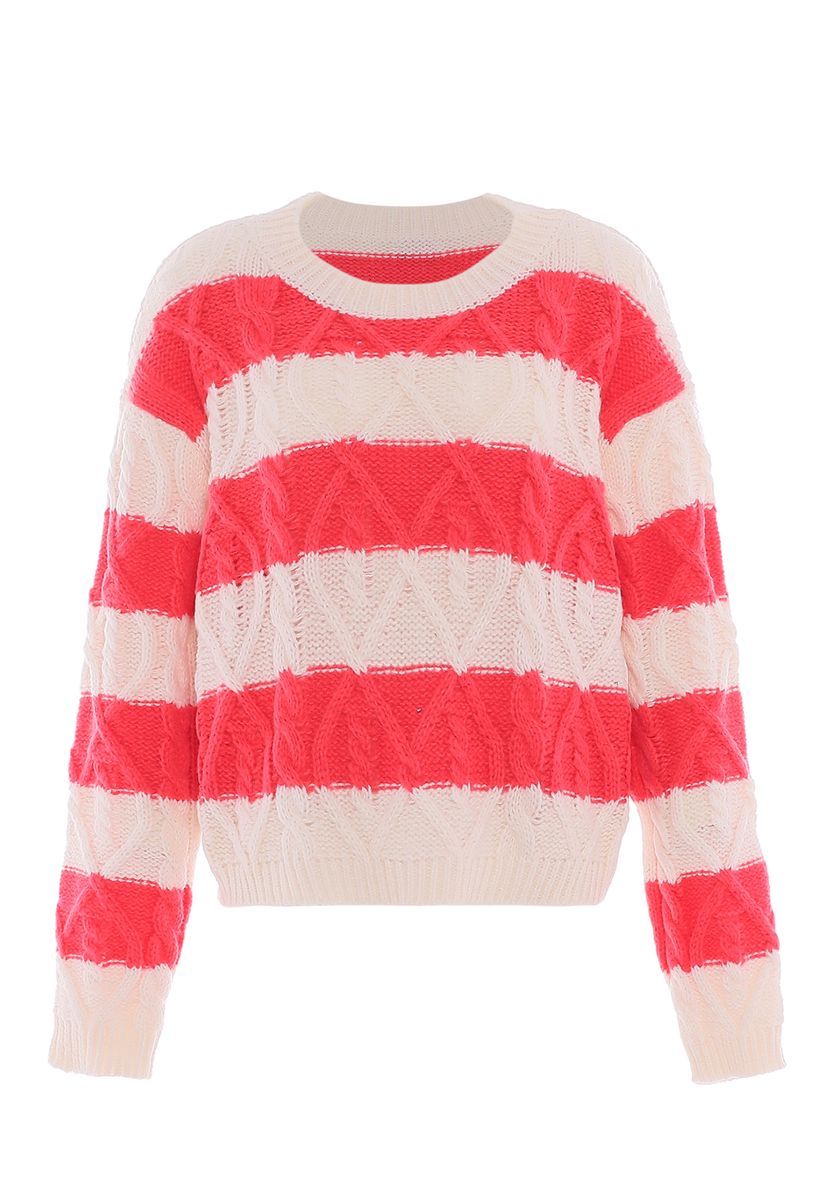 Gestreifter Grobstrickpullover mit Rundhalsausschnitt