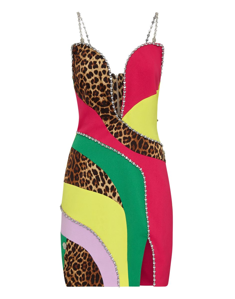 Patchwork-Minikleid mit Leopardenmuster und Strassbesatz