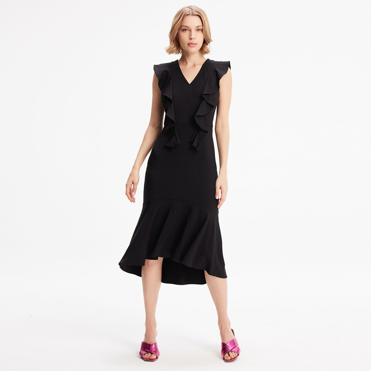 Elegantes Midi-Kleid mit Rüschensaum