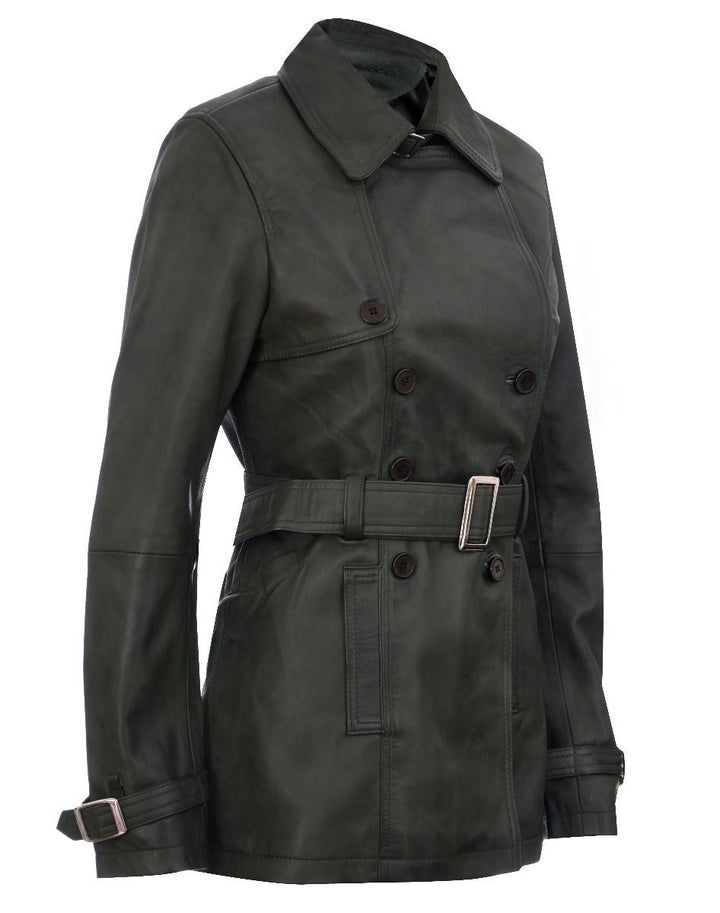 Klassischer zweireihiger Leder-Trenchcoat