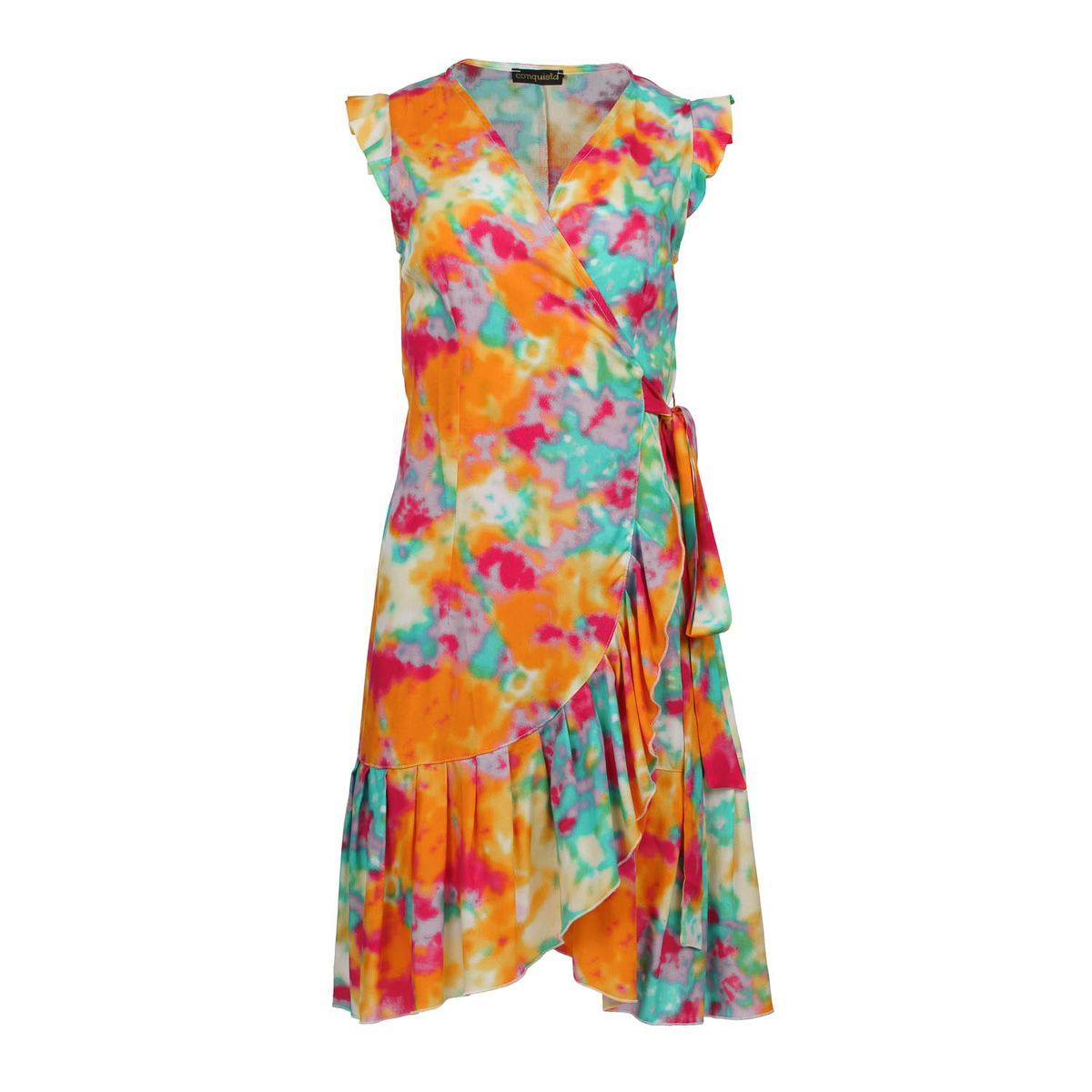 Farbenfrohes Wickel-Midikleid mit Aquarellmuster