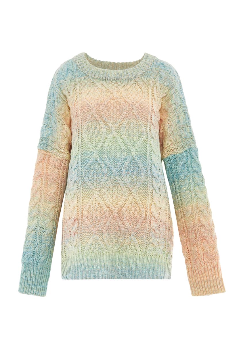 Grobstrick-Zopfmuster-Pullover mit Pastell-Farbverlauf